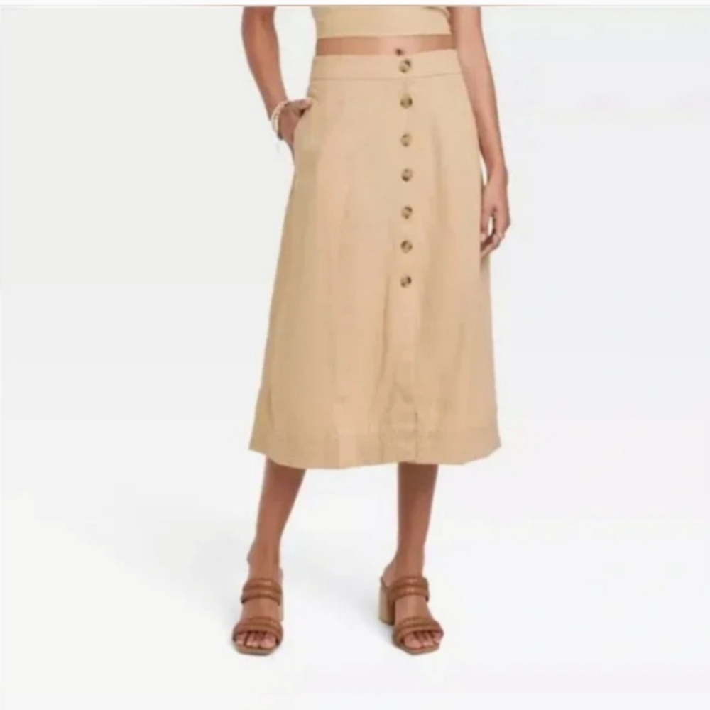 Skirt With Pockets! Midi A-Line Tan Universal Thread  Buttons Size L